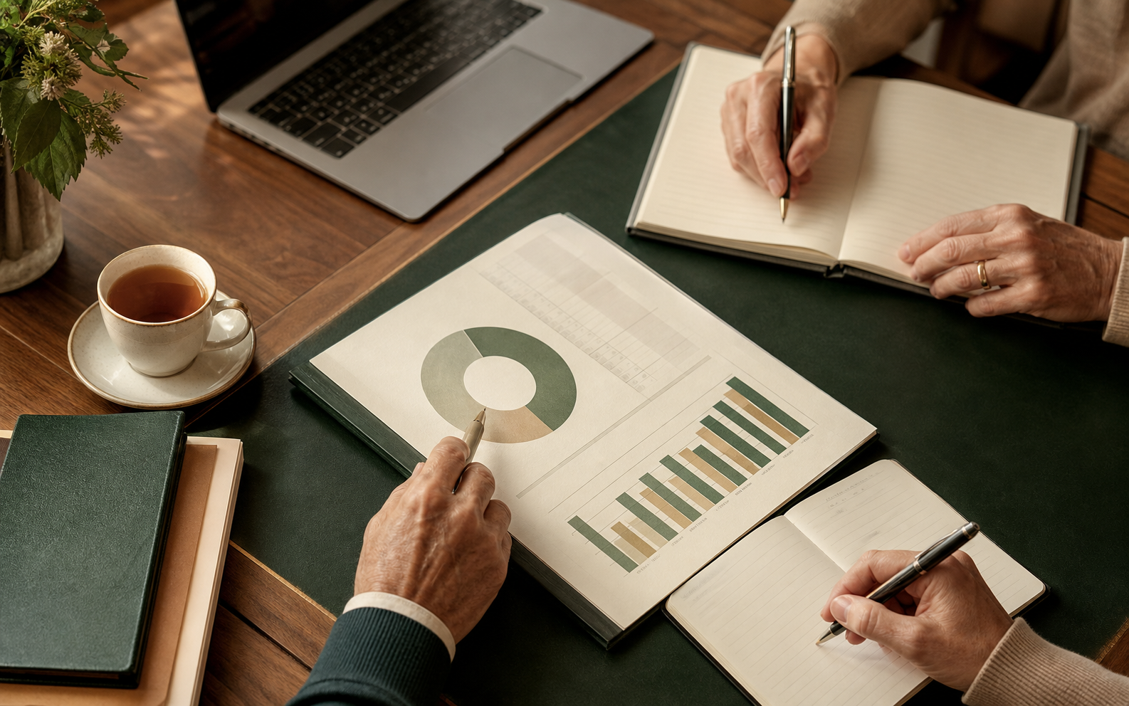 Financial planning documents on a desk during an advisory conversation